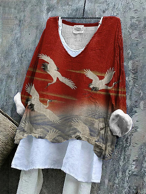 Long-sleeved printed casual pullover loose round neck single-piece T-shirt m301042