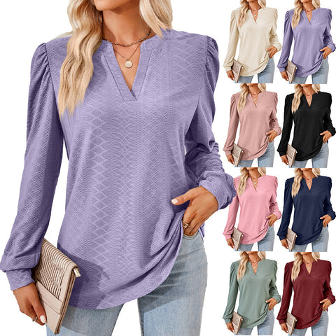 Solid color V-neck jacquard long-sleeved loose T-shirt top m300402