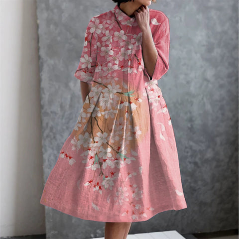 Robe chemise courte en chanvre élastique, motif floral japonais, style vacances, jupe pendule m303187