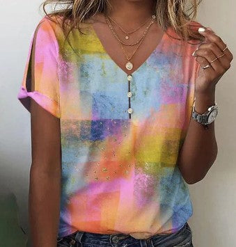 3D printed V-neck button-up T-shirt top daily short-sleeved m301263