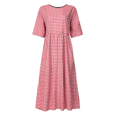 Spring plaid plaid literary temperament short-sleeved round neck pendulum dress m303191