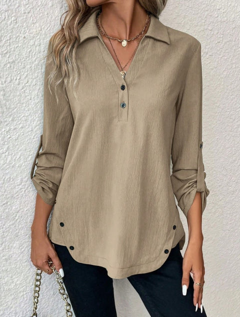 Solid color V-neck button-down long-sleeved loose fashion women's shirt m300655