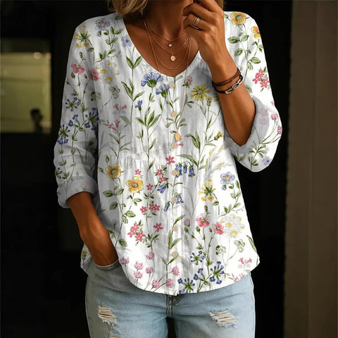 Crew Neck Women's Floral 3D Printed Women's Henley Shirt m302611