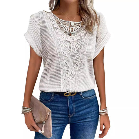 Lace splicing short-sleeved t-shirt spot cross-border women's clothing m301776