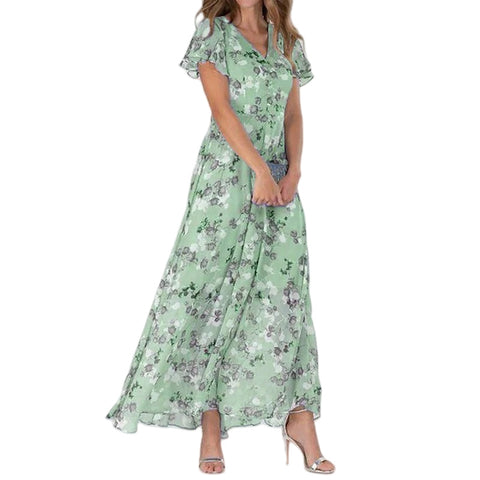Big pendulum long dress V-neck short-sleeved printed chiffon dress m301544