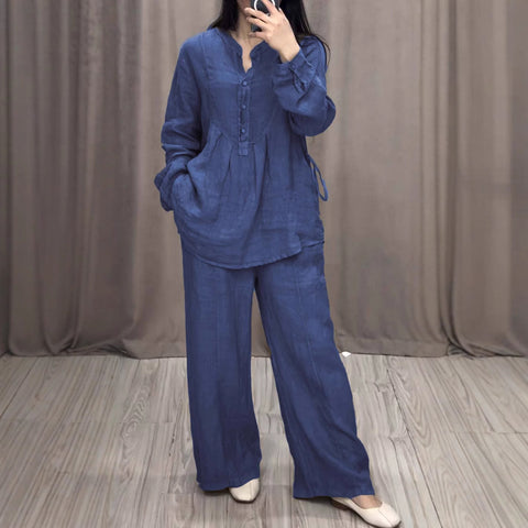 New fashionable and comfortable cotton and linen long-sleeved semi-open placket casual pleated wide-leg pants set m301930