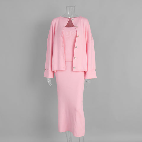 Knitted long-sleeved cardigan + suspender vest + skirt set women's autumn and winter sweater set m301780