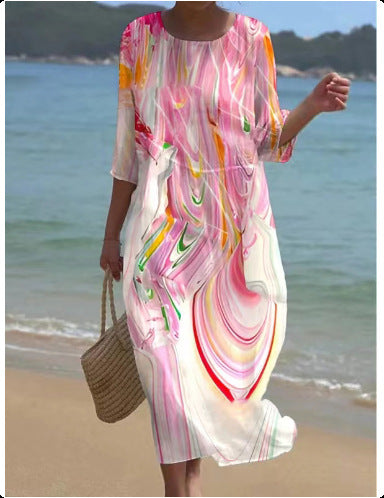 Loose crew neck fashion high-end long-sleeved printed dress m301053
