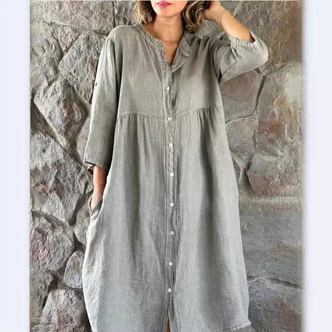 Cotton and linen solid color casual stand-up collar button long dress m301322