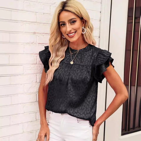 Versatile printed lotus leaf sleeve wavy neck women's top m300881