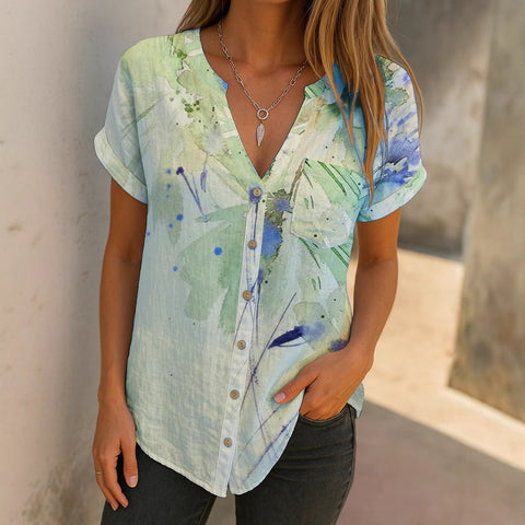 Casual short-sleeved V-neck cardigan digital printed shirt m303108