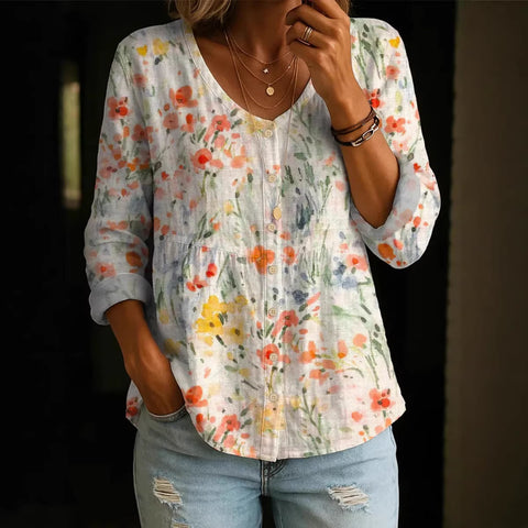 Crew Neck Women's Floral 3D Printed Henley Shirt m303180