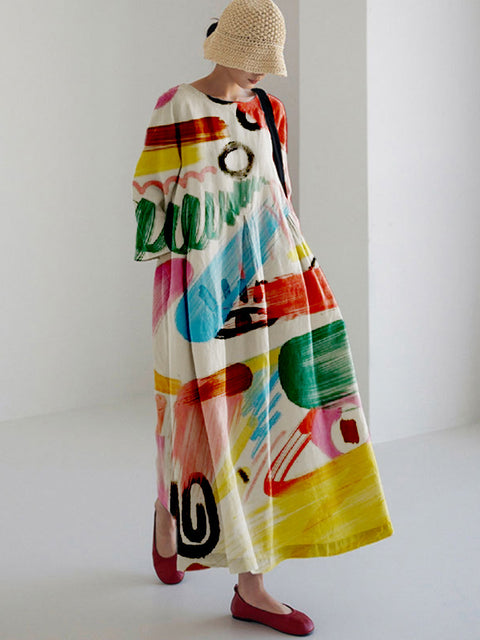 Loose crew neck fashion high-end long-sleeved printed dress m301054