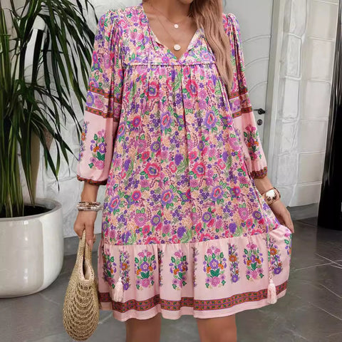 Loose casual v-neck lace-up printed dress m300870