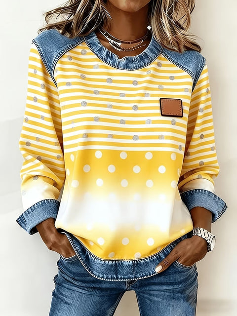 Pull décontracté à col ras du cou en denim imprimé et manches longues m303056