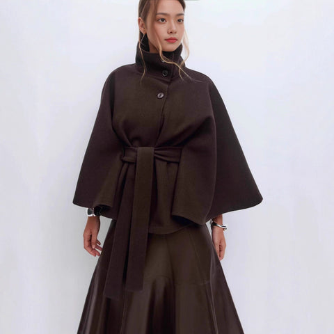 Stand-up collar waist thin lace-up solid color woolen coat women's m302333