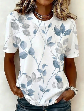 T-shirt ras du cou à manches courtes en imitation coton à imprimé floral pour navetteur m303070