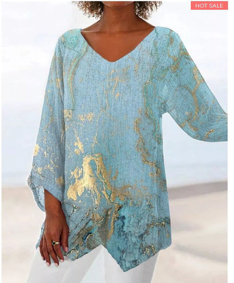 Women's printed animal natural scenery V-neck nine-quarter sleeve loose T-shirt m301289