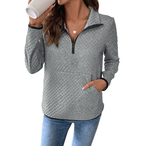 Waffle V-neck zipper semi-open pullover sweater casual solid color versatile texture top m300789