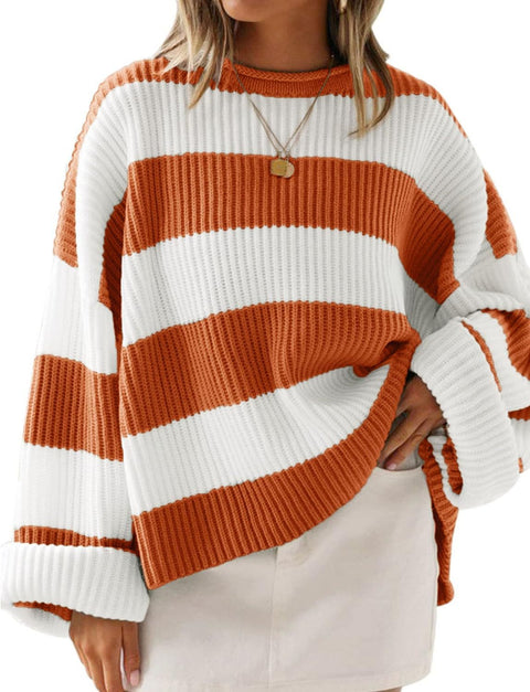 Crew neck long sleeve striped knitted sweater flared sleeve loose sweater women m301591