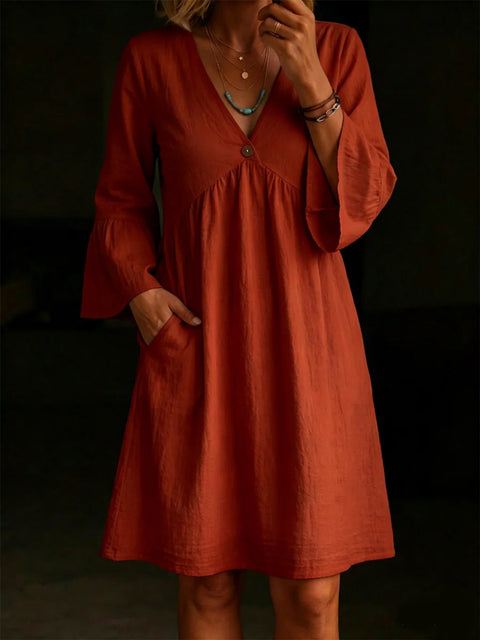 Elegant loose button V-neck solid color women's dress m302734