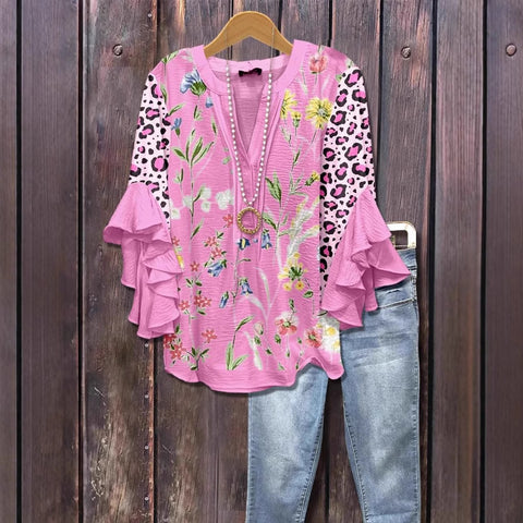 Creative floral element printing digital printing casual trend V-neck lotus edge T-shirt m301358