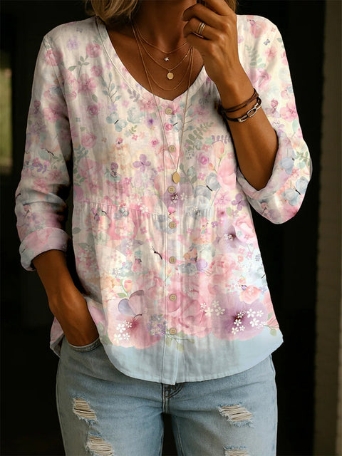 Crew Neck Women's Floral 3D Printed Henley Shirt m303180