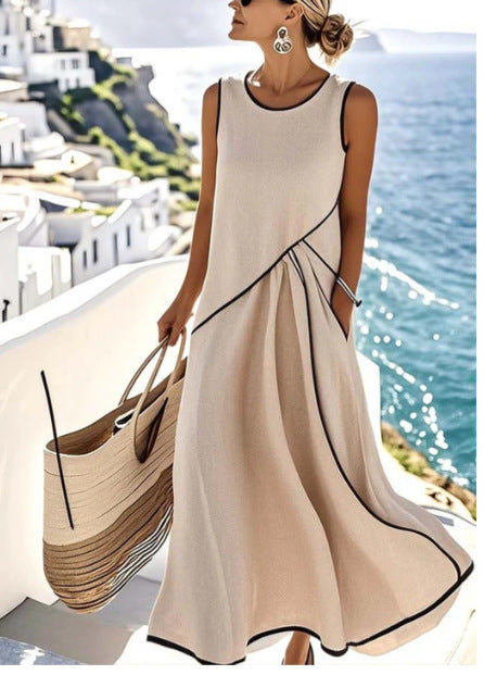 Crew neck sleeveless contrasting color loose and thin cross dress m302458