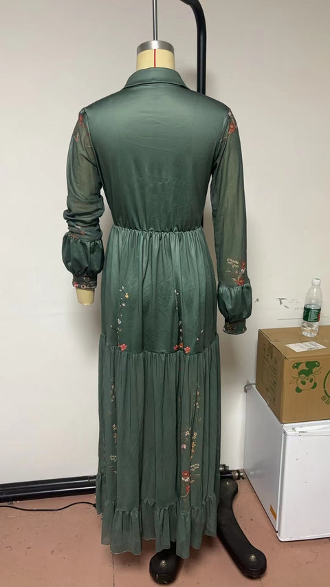 Long Sleeve Printed Long Dress Shirt Collar Dress Long Dress m301982