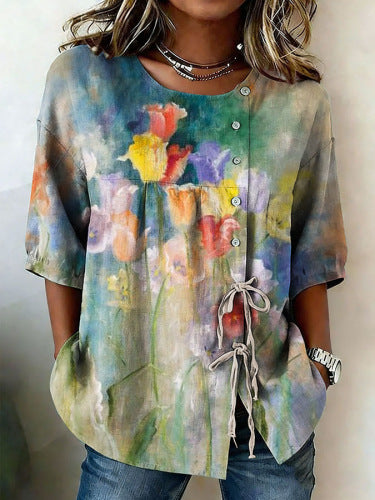 Color matching loose blouse five-button drawstring shirt m302758