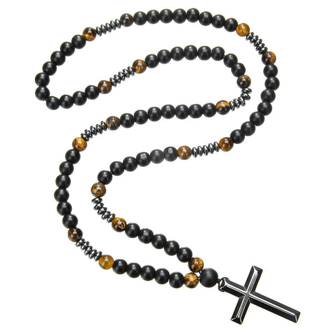 Natural stone black gallstone yellow tiger eye iron stone cross necklace hip hop necklace m3331291