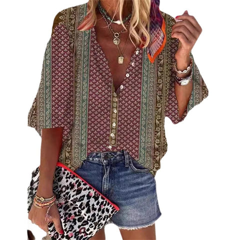 Fashion summer European and American women's clothing stand-up collar loose button retro printed casual shirt m301723