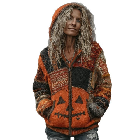 Halloween spoof digital printing zipper pumpkin hooded imitation knitted sweater m302044