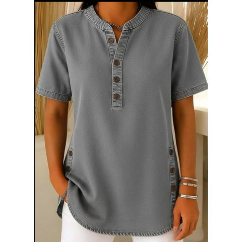 Crew Neck Button Daily Commuter Denim Casual Short Sleeve T-Shirt m303259