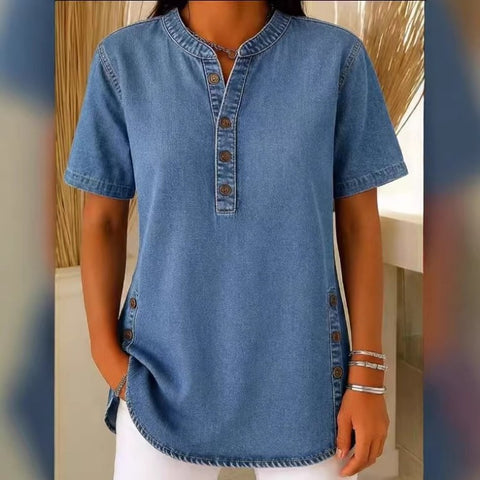 Crew Neck Button Daily Commuter Denim Casual Short Sleeve T-Shirt m303259