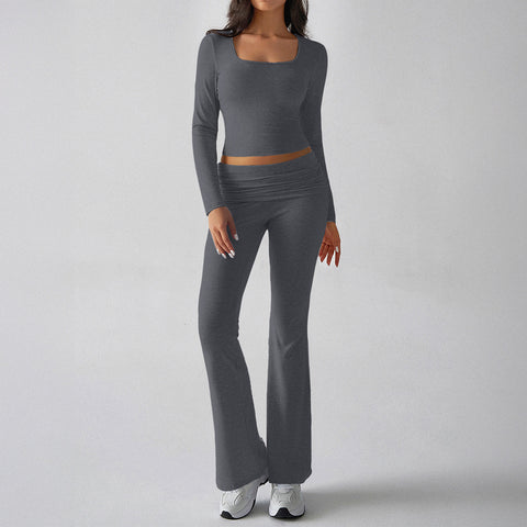 Solid color casual knitted long-sleeved top yoga suit two-piece pants set m301815