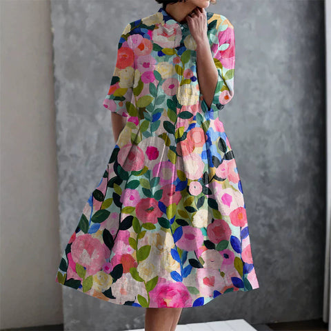 Robe chemise courte en chanvre élastique, motif floral japonais, style vacances, jupe pendule m303187
