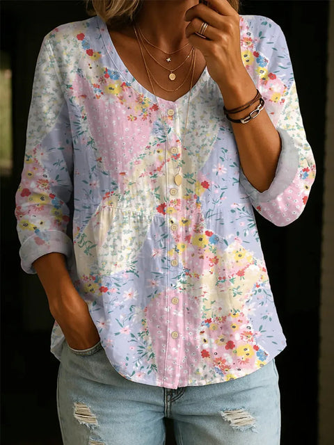 Crew Neck Women's Floral 3D Printed Women's Henley Shirt m302611