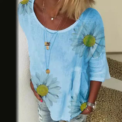 Chrysanthemum print crew neck seven-quarter sleeve T-shirt women's m300893