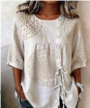 Color matching loose blouse five-button drawstring m302924
