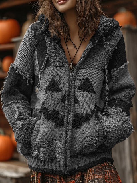 Halloween spoof digital printing zipper pumpkin hooded imitation knitted sweater m302044