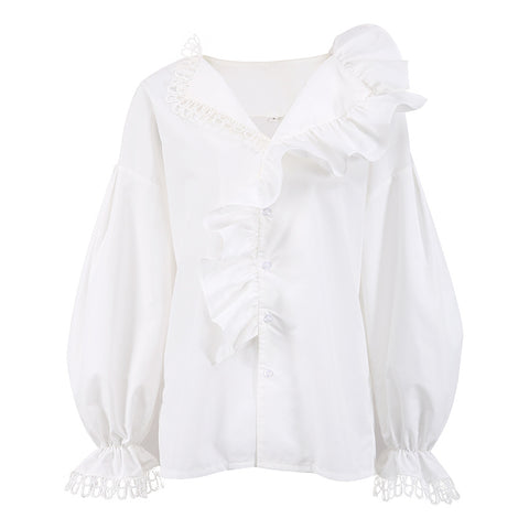 Autumn women's clothing European and American shirts, sexy deep V-neck fungus edge long-sleeved temperament fashionable splicing lace shirt m301823