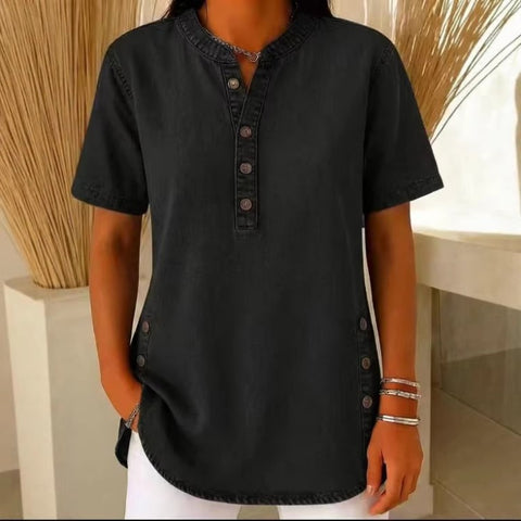 Crew Neck Button Daily Commuter Denim Casual Short Sleeve T-Shirt m303259
