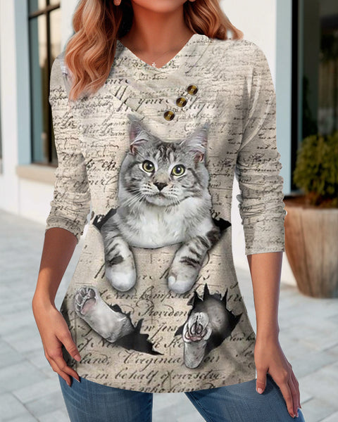 Spring and Autumn New Women's 3D Printed V-Neck Casual Long Sleeve Button T-Shirt Top m301747