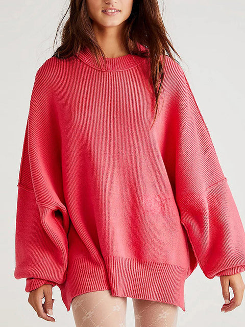 Crew neck bat wing long-sleeved sweater autumn knitted side slit jumper m301590