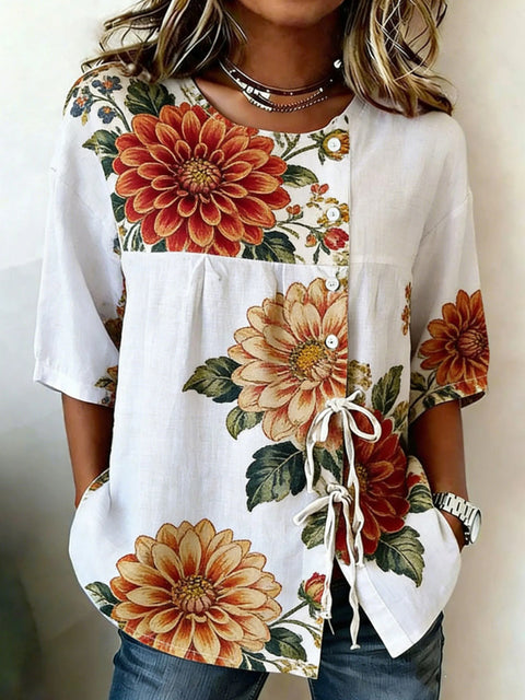 Color matching loose blouse five-button drawstring m302924