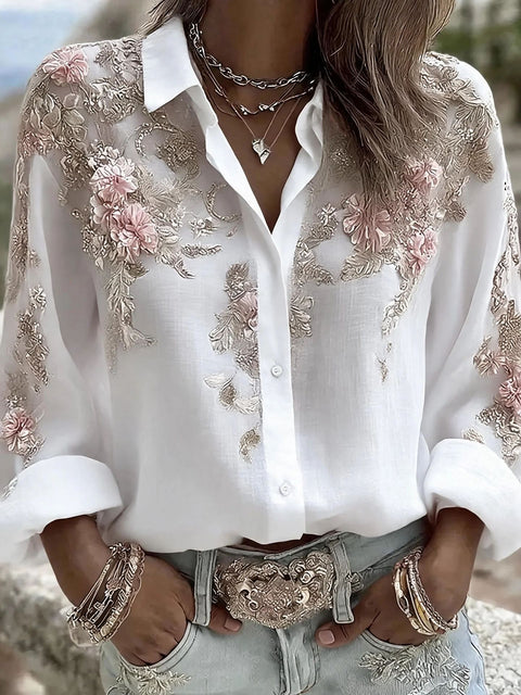 Chemise femme boutonnée à manches longues et revers fleuri m303076