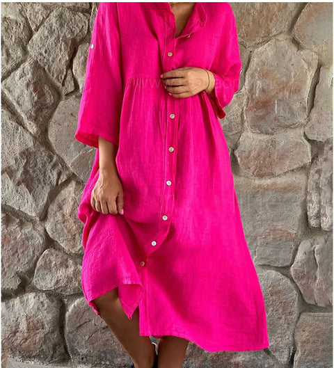Cotton and linen solid color casual stand-up collar button long dress m301322