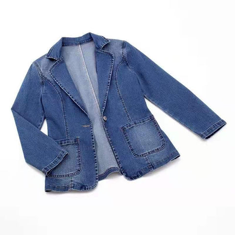 Spring and autumn new denim jacket women slim and thin suit collar solid color cardigan wearing a button top trendy m301902