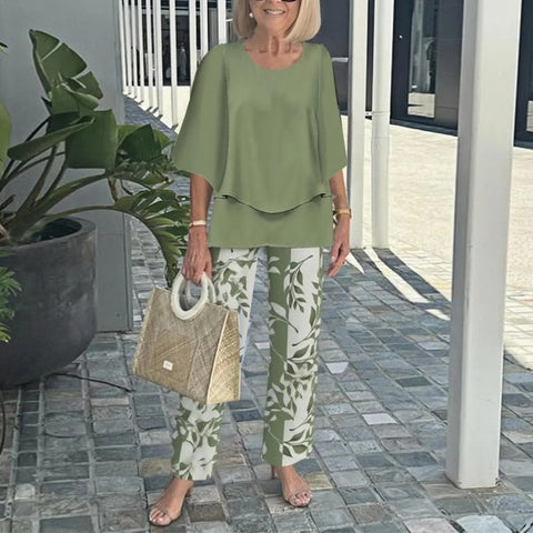 Casual round neck medium sleeve top printed flower pants set two-piece set m301465